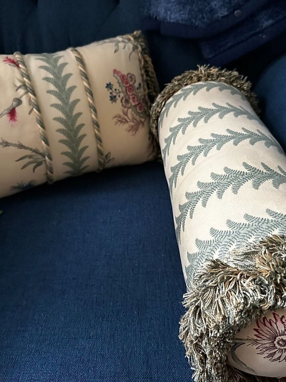 Fringed and Piped Pillow Set (2) - Cream Multi Fern & Floral Silk, Lumbar 14x9 &
